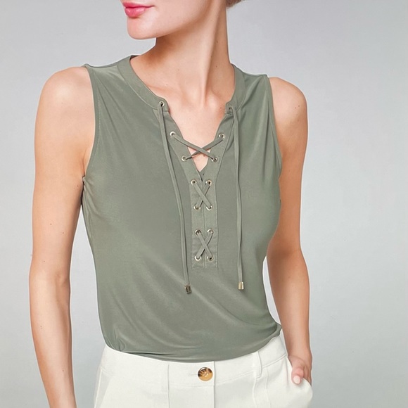 White House Black Market Tops - NWT WHBM Olive lace up matte Jersey top  X Small
